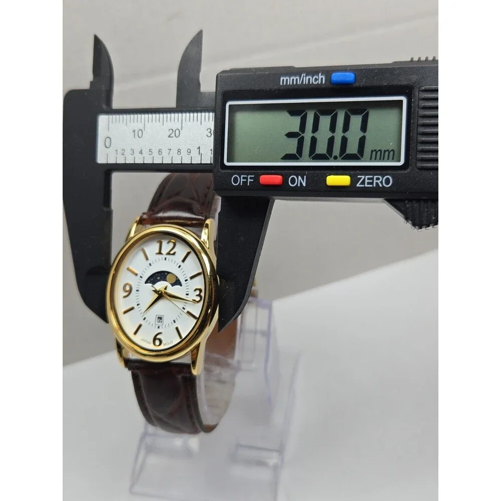 Womens Vintage Avon Moon Phase Date Womens Gold Tone Leather Watch New Battery